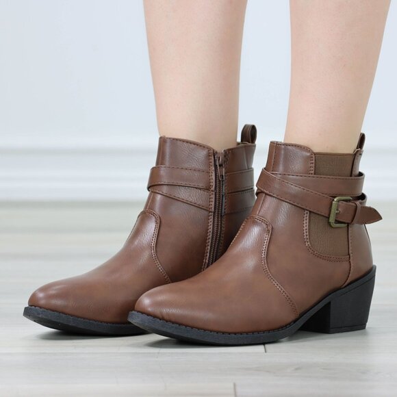 Brown Ankle Boots Buckle Strap Faux Leather Low Block Heel Side Zip - Picture 10 of 14